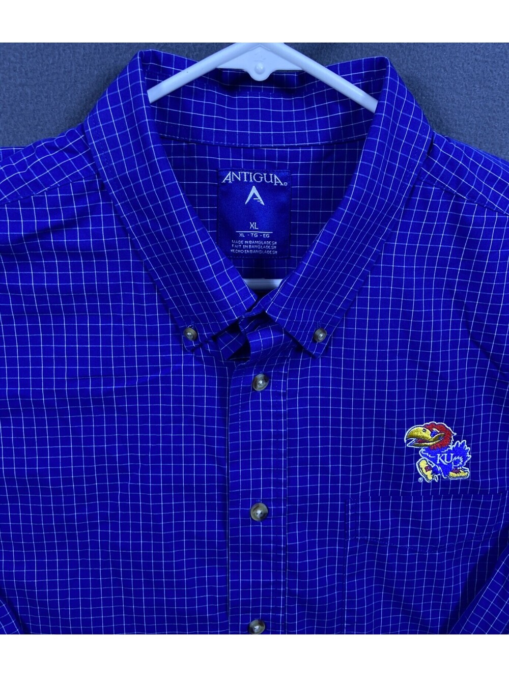 Antigua Kansas Jayhawks Shirt Mens XLarge Blue Geometric Plaid Button Basketball